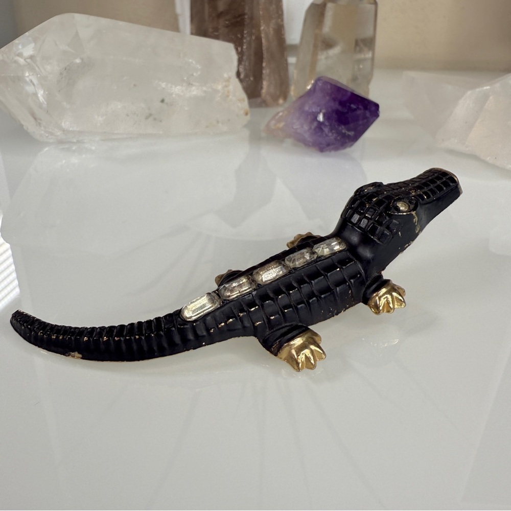 Vintage Gold Tone Metal & Black Alligator / Crocodile Clip - Picture 4 of 15